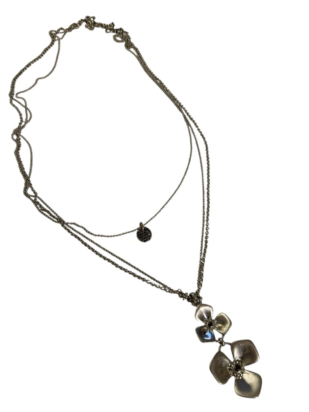 Lucky Brand Layered Multi Strand Necklace silver tone flower 32”-35” layer
